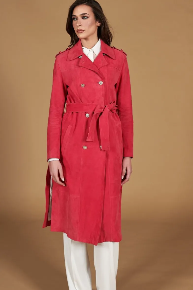 Donna D'Arienzo Hazel - Cappotto in pelle scamosciata fuxia doppio petto spacchi laterali