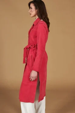 Donna D'Arienzo Hazel - Cappotto in pelle scamosciata fuxia doppio petto spacchi laterali
