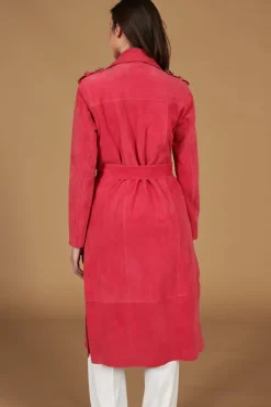 Donna D'Arienzo Hazel - Cappotto in pelle scamosciata fuxia doppio petto spacchi laterali