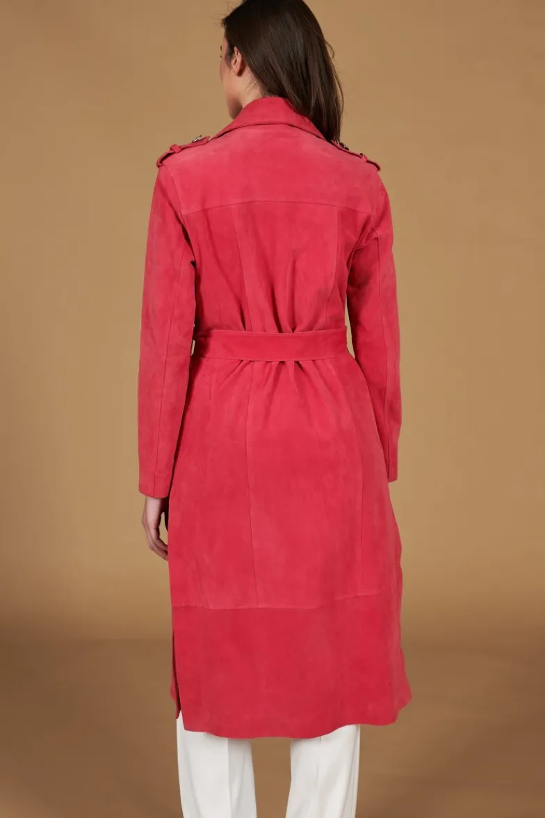 Donna D'Arienzo Hazel - Cappotto in pelle scamosciata fuxia doppio petto spacchi laterali