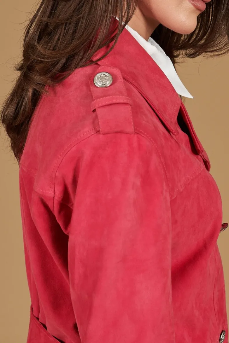 Donna D'Arienzo Hazel - Cappotto in pelle scamosciata fuxia doppio petto spacchi laterali