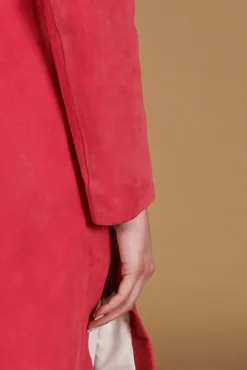 Donna D'Arienzo Hazel - Cappotto in pelle scamosciata fuxia doppio petto spacchi laterali