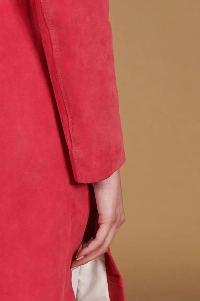 Donna D'Arienzo Hazel - Cappotto in pelle scamosciata fuxia doppio petto spacchi laterali