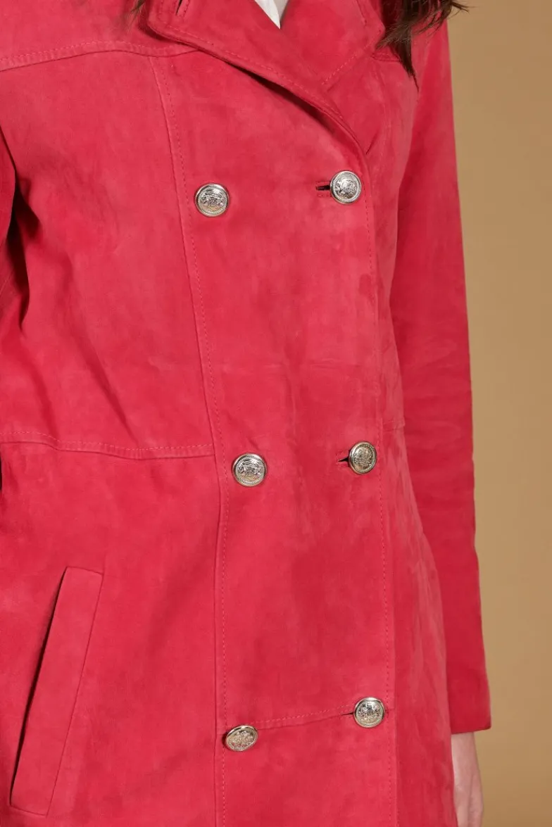 Donna D'Arienzo Hazel - Cappotto in pelle scamosciata fuxia doppio petto spacchi laterali
