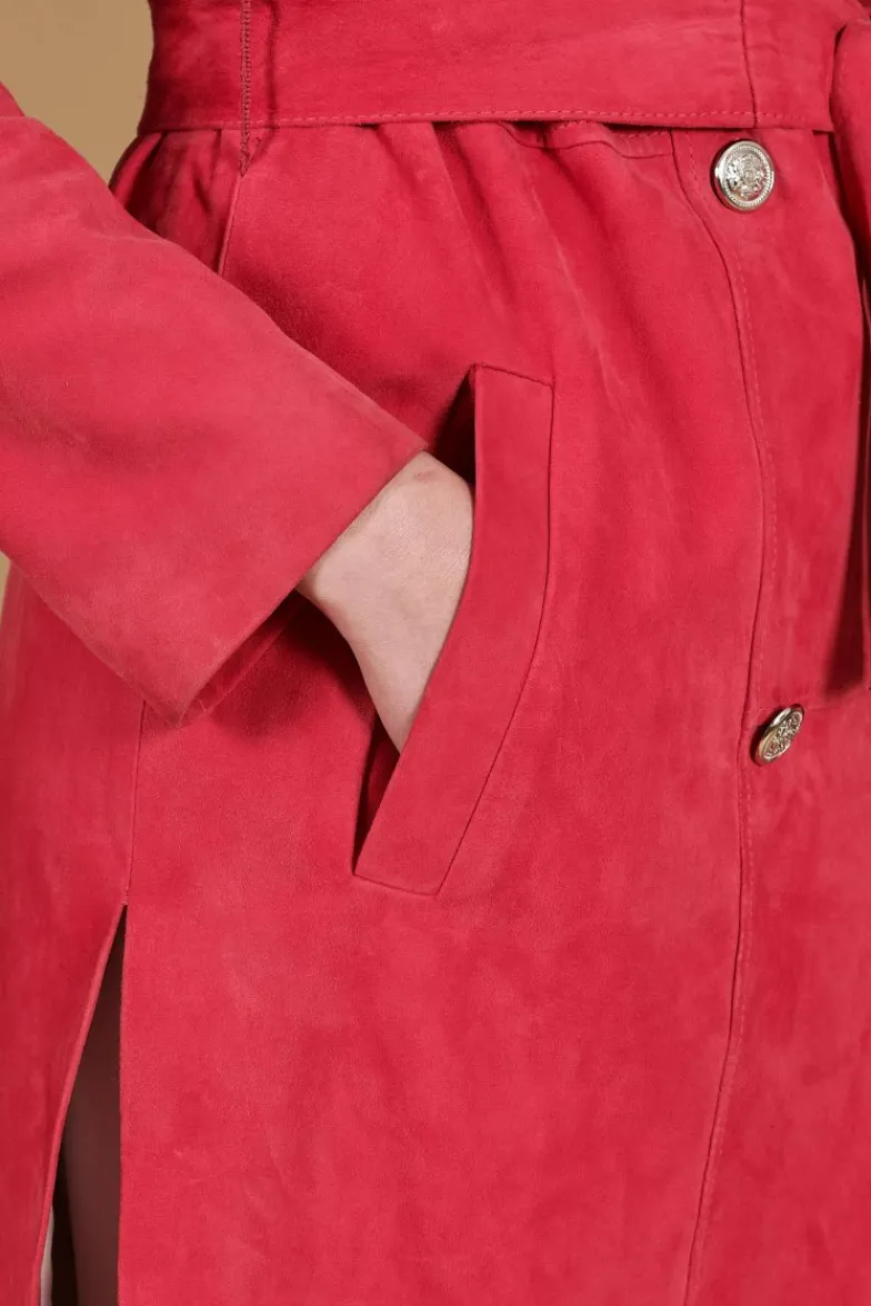 Donna D'Arienzo Hazel - Cappotto in pelle scamosciata fuxia doppio petto spacchi laterali