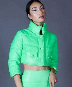 Donna D'Arienzo Hilton - Piumino corto trapuntato in pelle verde fluo