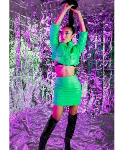 Donna D'Arienzo Hilton - Piumino corto trapuntato in pelle verde fluo