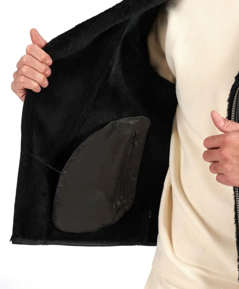 Uomo D'Arienzo Jasper - Chiodo Montone Shearling nero con cerniera trasversale