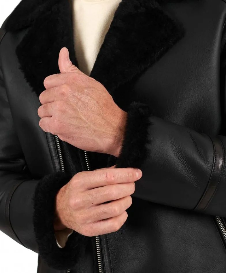 Uomo D'Arienzo Jasper - Chiodo Montone Shearling nero con cerniera trasversale