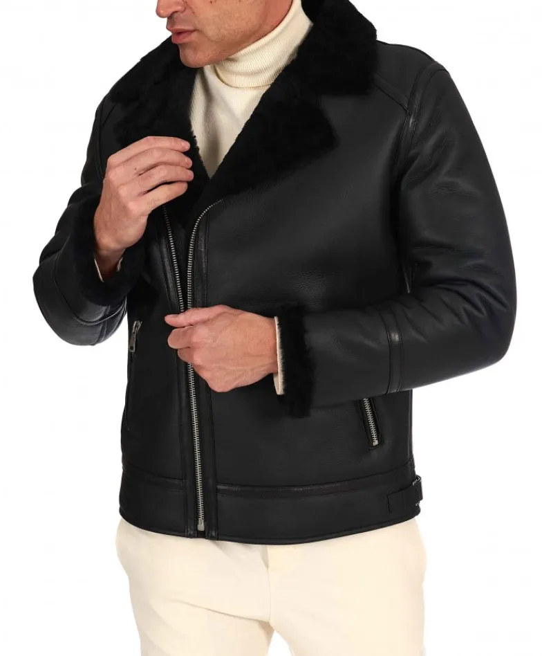 Uomo D'Arienzo Jasper - Chiodo Montone Shearling nero con cerniera trasversale
