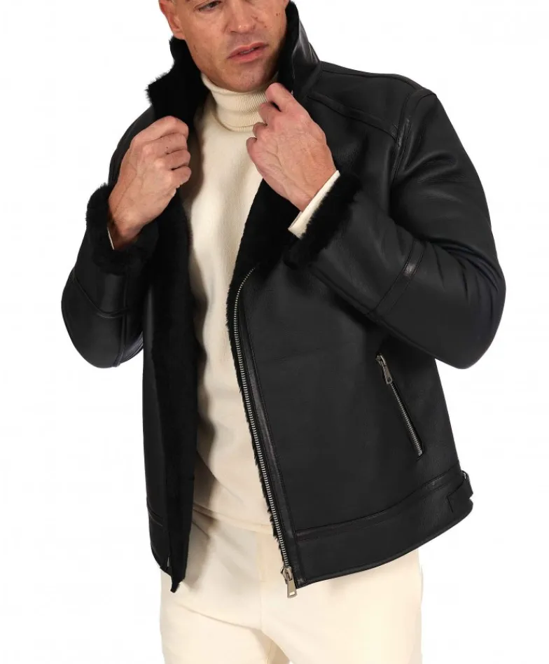 Uomo D'Arienzo Jasper - Chiodo Montone Shearling nero con cerniera trasversale