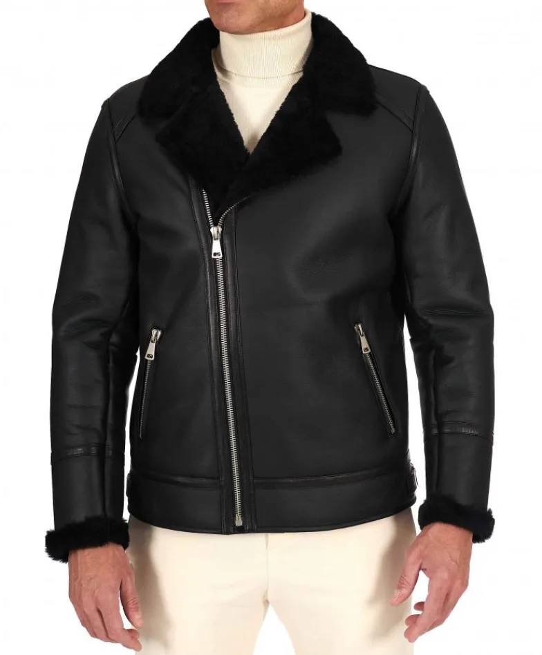 Uomo D'Arienzo Jasper - Chiodo Montone Shearling nero con cerniera trasversale