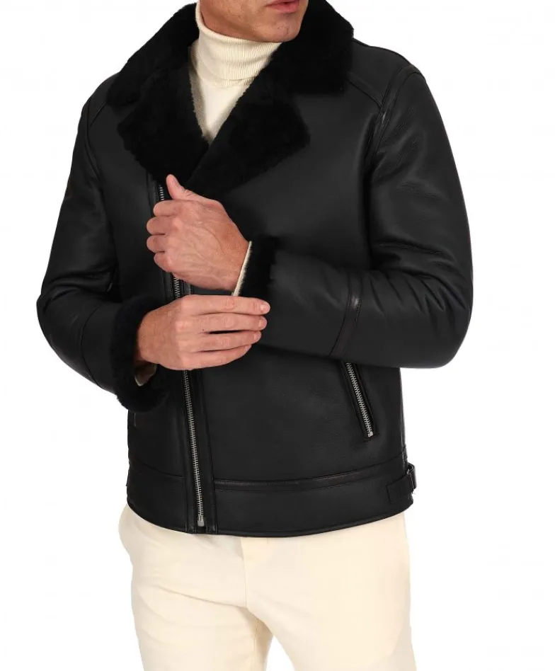 Uomo D'Arienzo Jasper - Chiodo Montone Shearling nero con cerniera trasversale