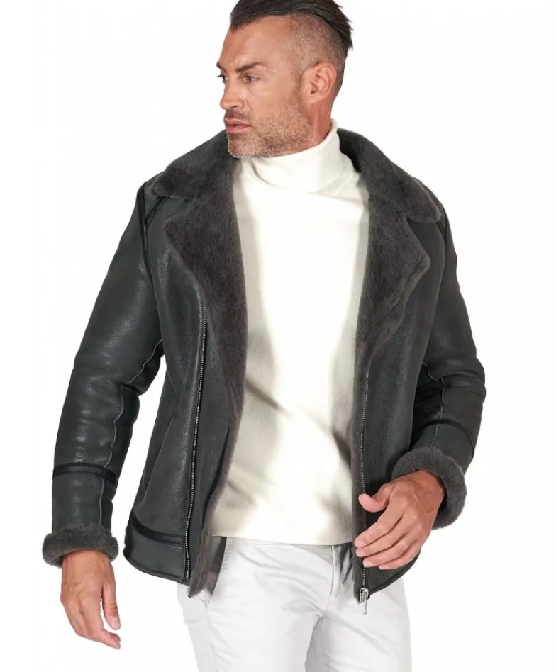 Uomo D'Arienzo Jasper - Chiodo Montone Shearling grigio con cerniera trasversale