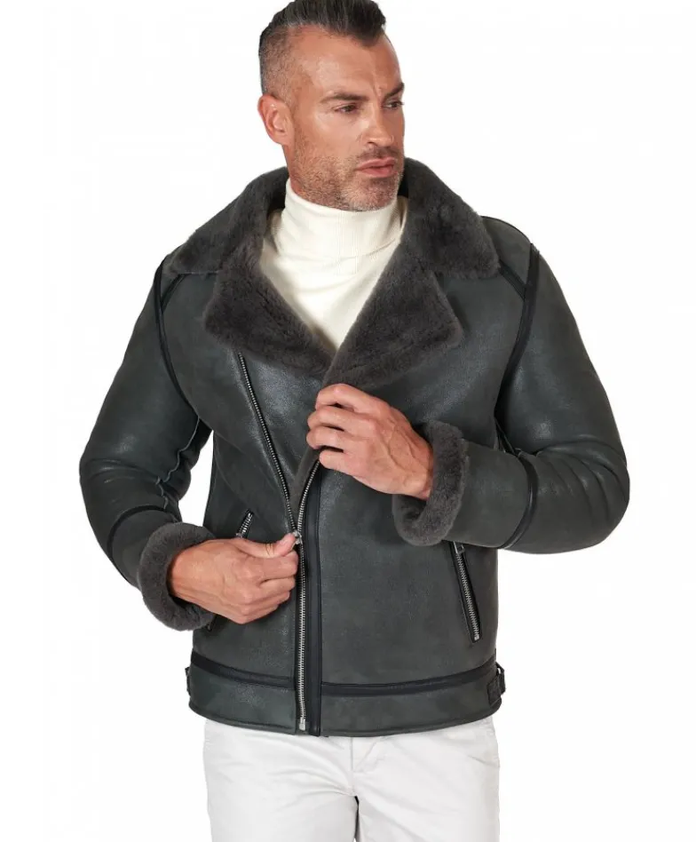 Uomo D'Arienzo Jasper - Chiodo Montone Shearling grigio con cerniera trasversale