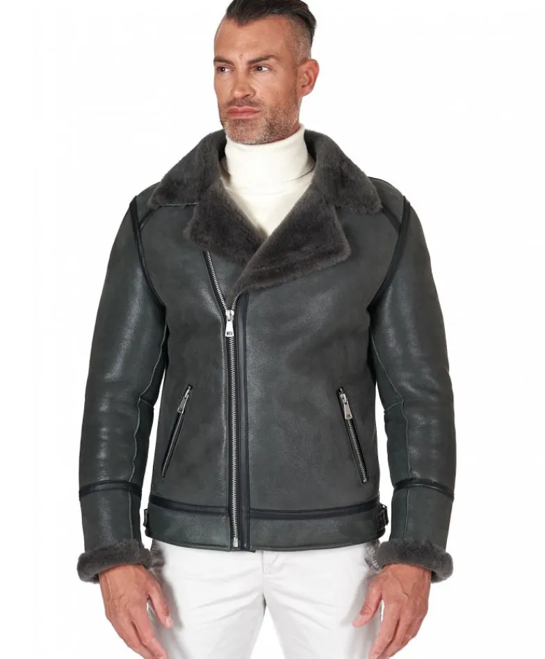 Uomo D'Arienzo Jasper - Chiodo Montone Shearling grigio con cerniera trasversale