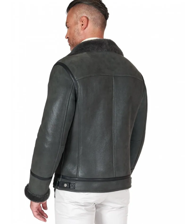 Uomo D'Arienzo Jasper - Chiodo Montone Shearling grigio con cerniera trasversale