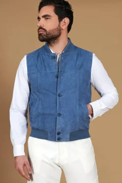 Uomo D'Arienzo Jeff - Gilet in pelle camoscio blu denim con bottoni