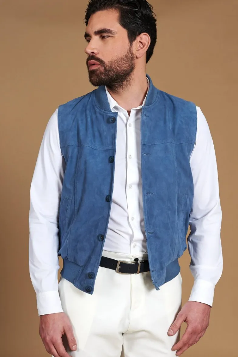Uomo D'Arienzo Jeff - Gilet in pelle camoscio blu denim con bottoni