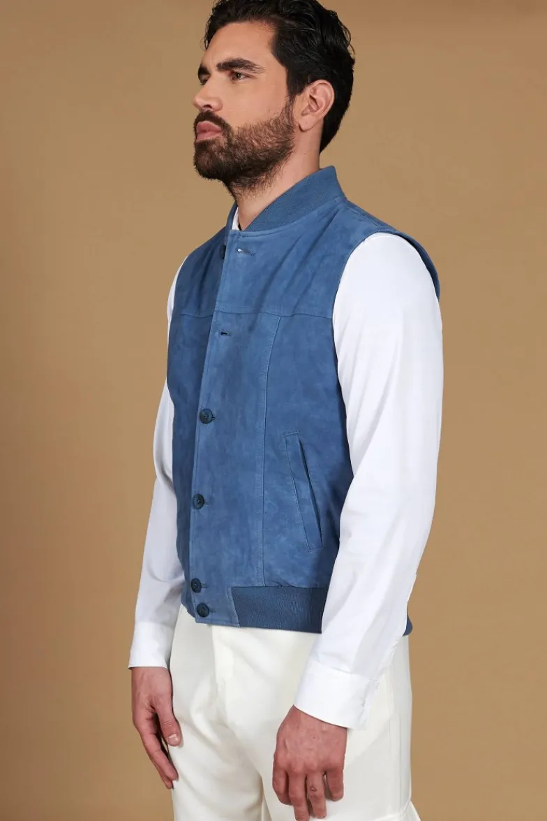 Uomo D'Arienzo Jeff - Gilet in pelle camoscio blu denim con bottoni