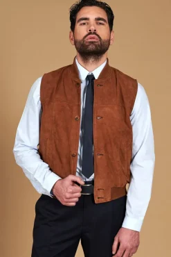 Uomo D'Arienzo Jeff - Gilet in pelle camoscio color cuoio con bottoni