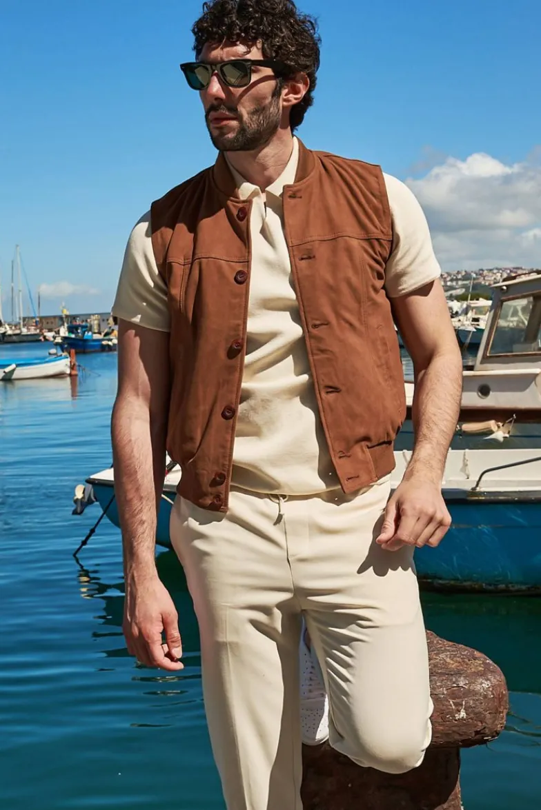 Uomo D'Arienzo Jeff - Gilet in pelle camoscio color cuoio con bottoni