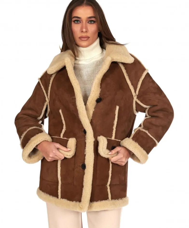 Donna D'Arienzo Jenny - Giacca in montone scamosciato color cuoio versione lunga