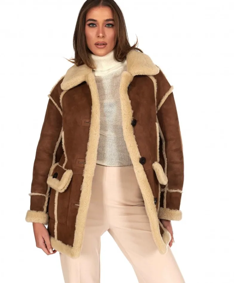 Donna D'Arienzo Jenny - Giacca in montone scamosciato color cuoio versione lunga