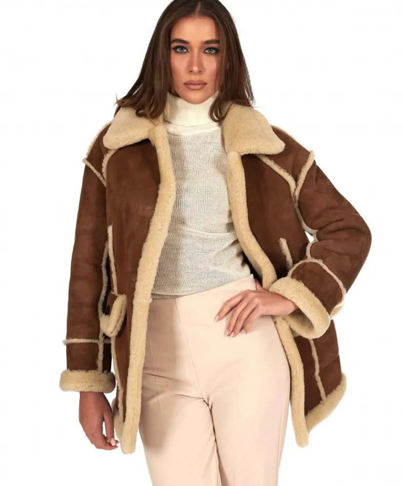 Donna D'Arienzo Jenny - Giacca in montone scamosciato color cuoio versione lunga
