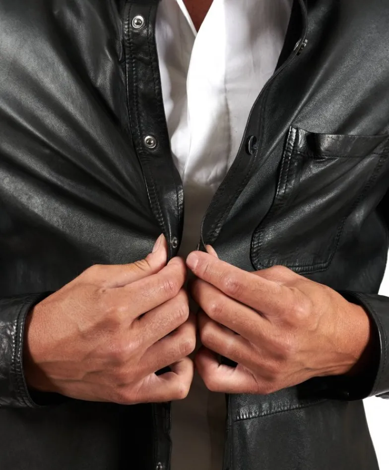 Uomo D'Arienzo Jet - Camicia in pelle nera sfoderata effetto vintage