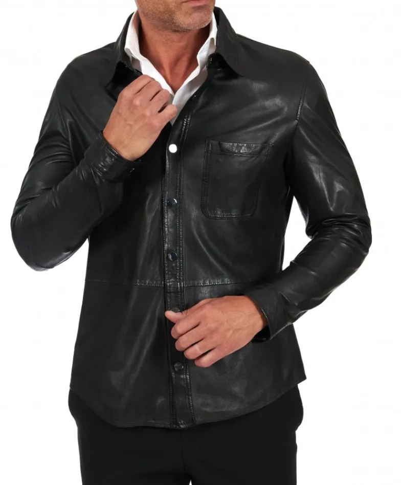 Uomo D'Arienzo Jet - Camicia in pelle nera sfoderata effetto vintage