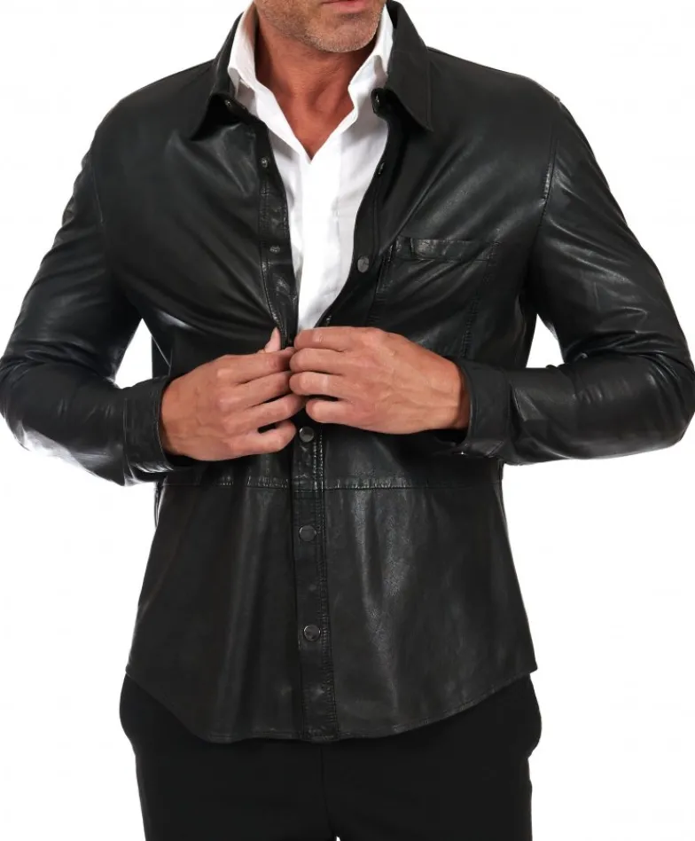 Uomo D'Arienzo Jet - Camicia in pelle nera sfoderata effetto vintage