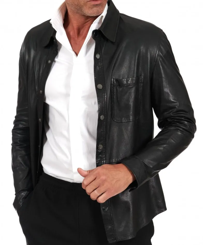 Uomo D'Arienzo Jet - Camicia in pelle nera sfoderata effetto vintage
