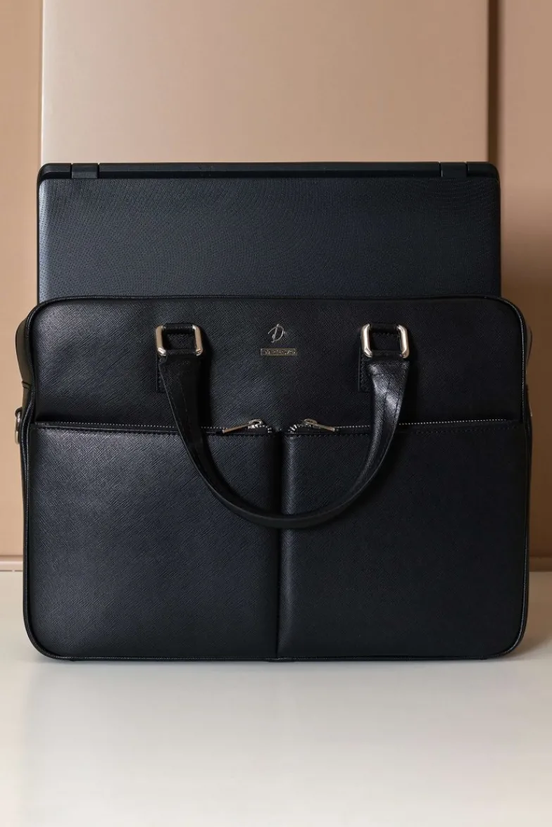 D'Arienzo Justin - Borsa Ventiquattrore in pelle di vitello nera saffiano con doppia tasca