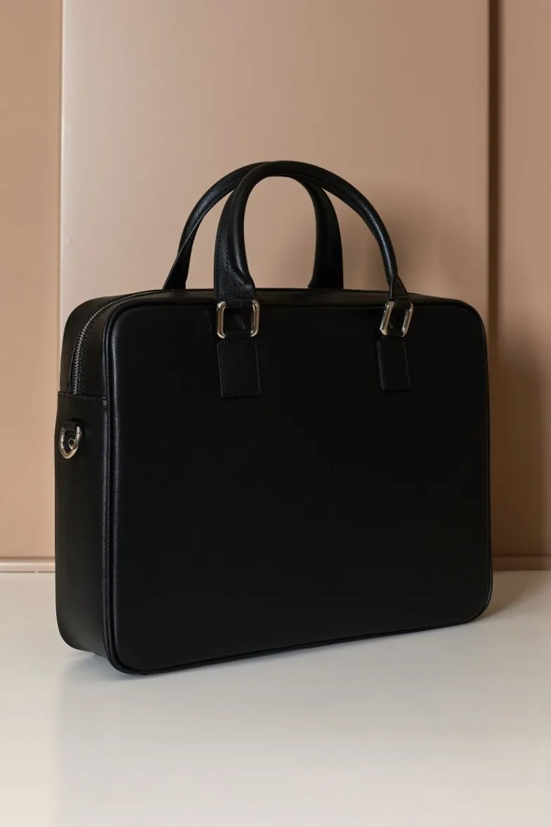 D'Arienzo Justin - Borsa Ventiquattrore in pelle di vitello nera saffiano con doppia tasca