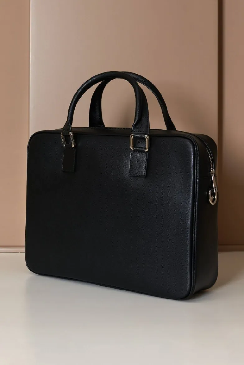 D'Arienzo Justin - Borsa Ventiquattrore in pelle di vitello nera saffiano con doppia tasca