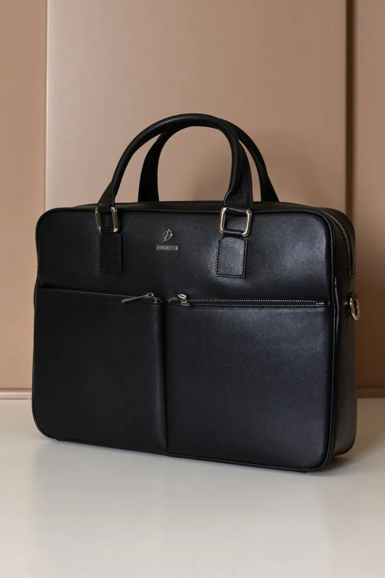 D'Arienzo Justin - Borsa Ventiquattrore in pelle di vitello nera saffiano con doppia tasca