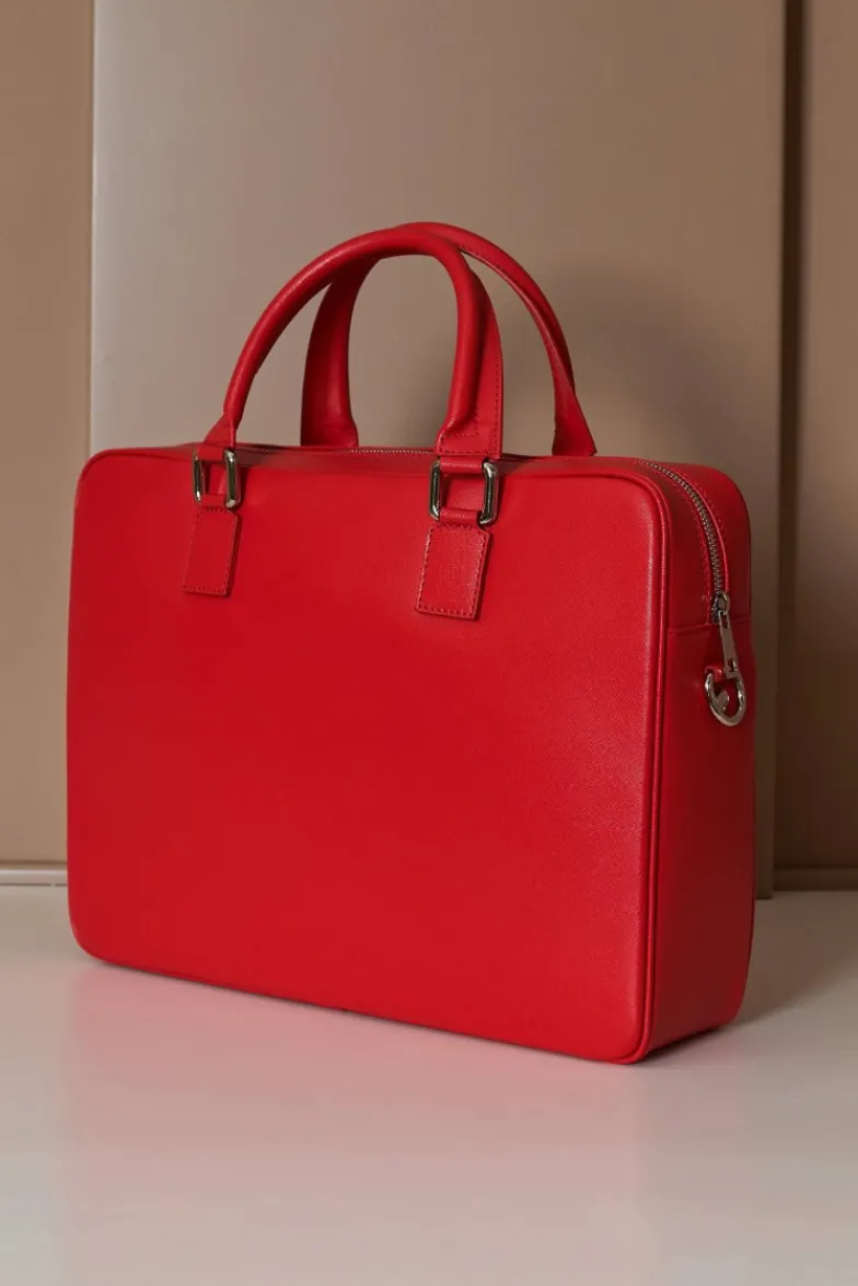 D'Arienzo Justin - Borsa Ventiquattrore in pelle di vitello rosso saffiano doppia tasca