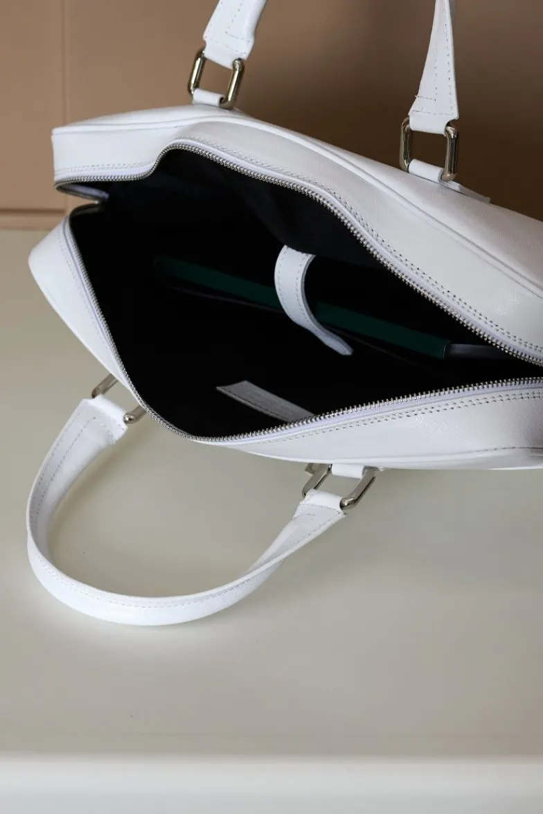 D'Arienzo Justin - Borsa Ventiquattrore in pelle di vitello bianca saffiano con doppia tasca