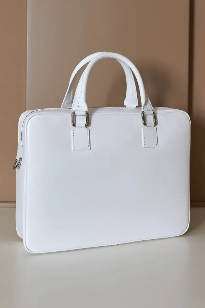 D'Arienzo Justin - Borsa Ventiquattrore in pelle di vitello bianca saffiano con doppia tasca