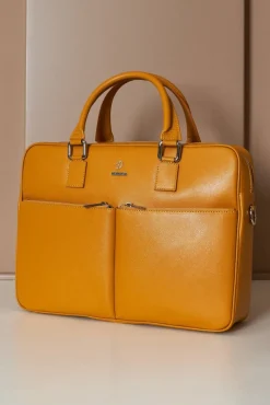 D'Arienzo Justin - Borsa Ventiquattrore in pelle di vitello ocra saffiano con doppia tasca