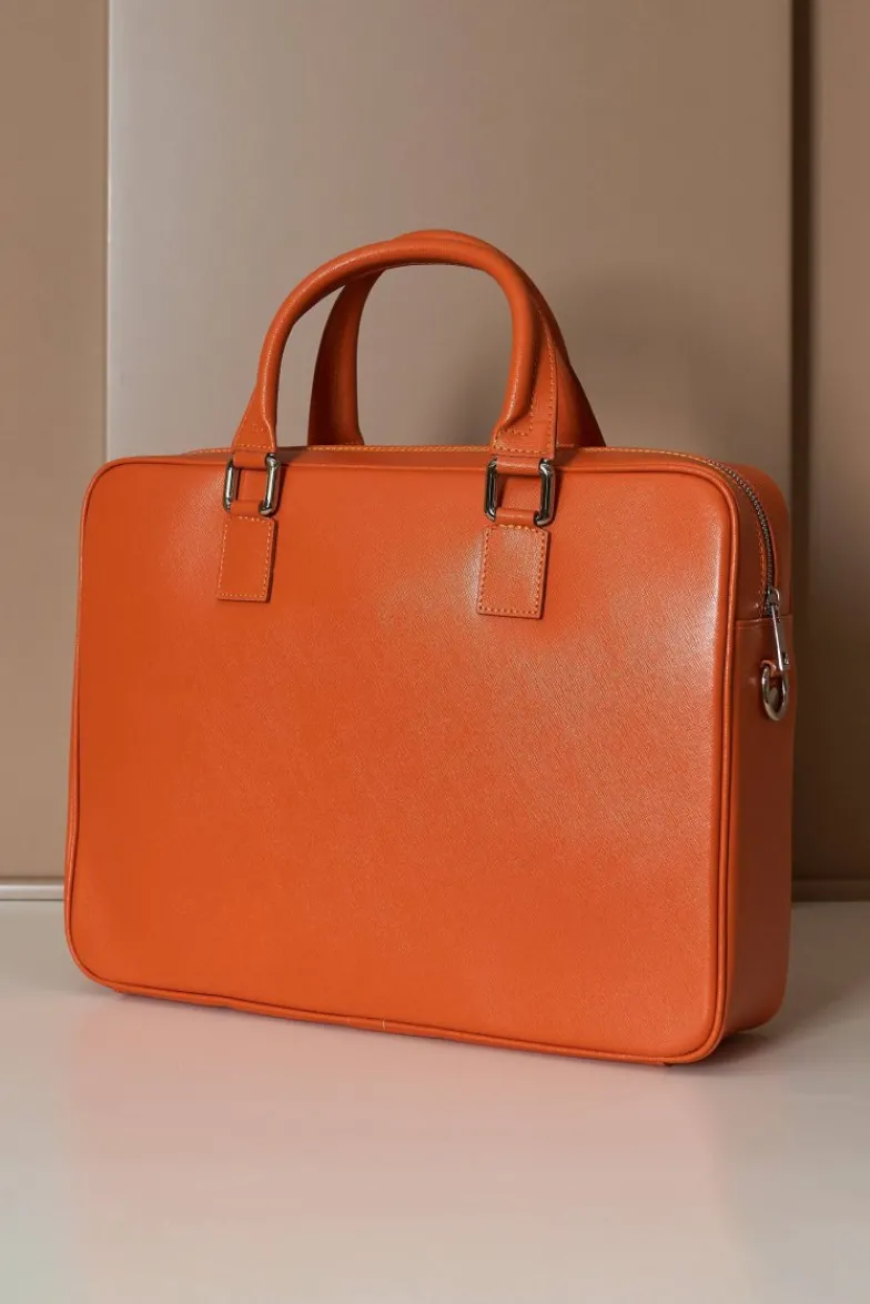 D'Arienzo Justin - Borsa Ventiquattrore in pelle di vitello arancio saffiano doppia tasca