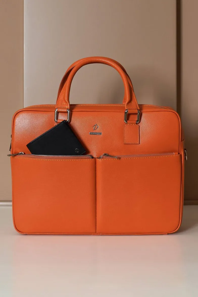 D'Arienzo Justin - Borsa Ventiquattrore in pelle di vitello arancio saffiano doppia tasca