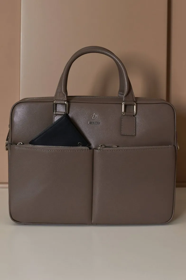 D'Arienzo Justin - Borsa Ventiquattrore in pelle di vitello color fango saffiano con doppia tasca