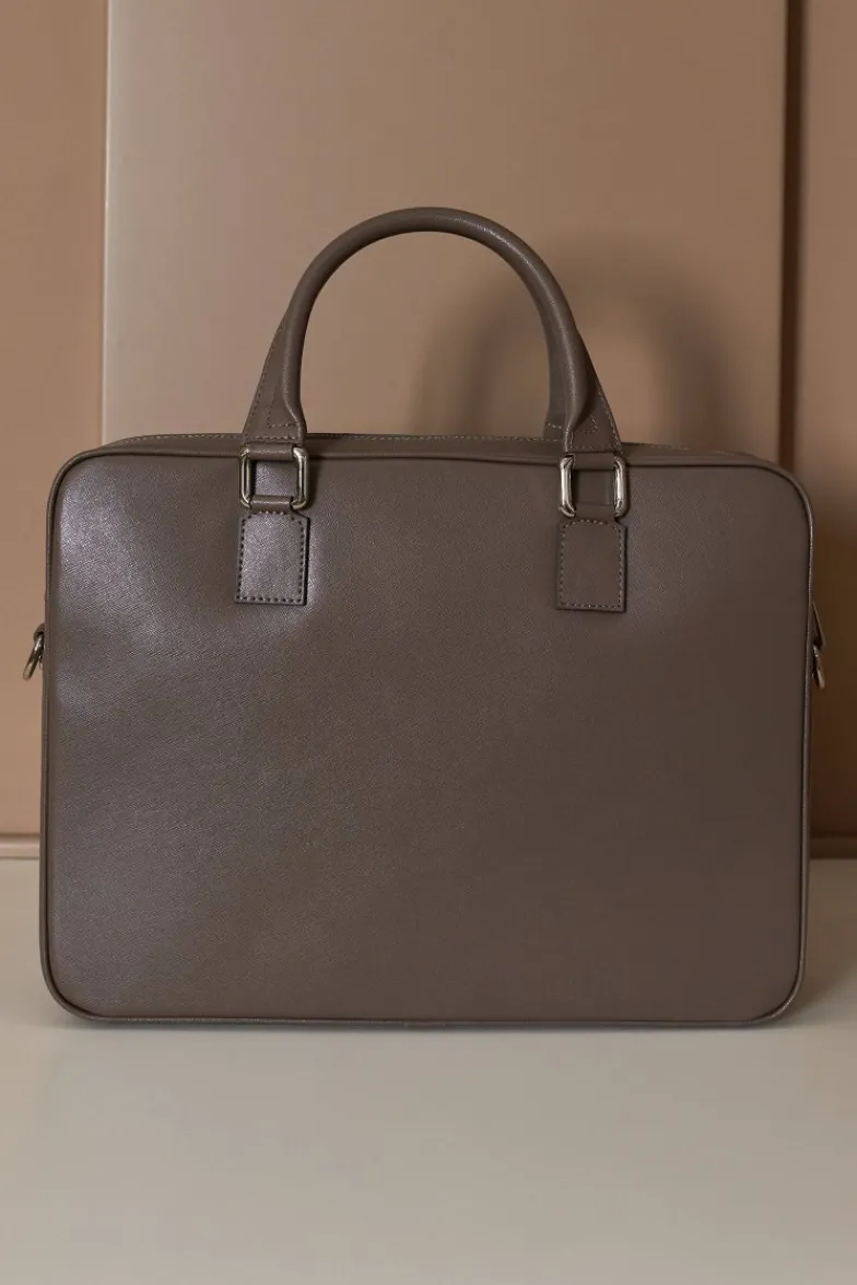 D'Arienzo Justin - Borsa Ventiquattrore in pelle di vitello color fango saffiano con doppia tasca