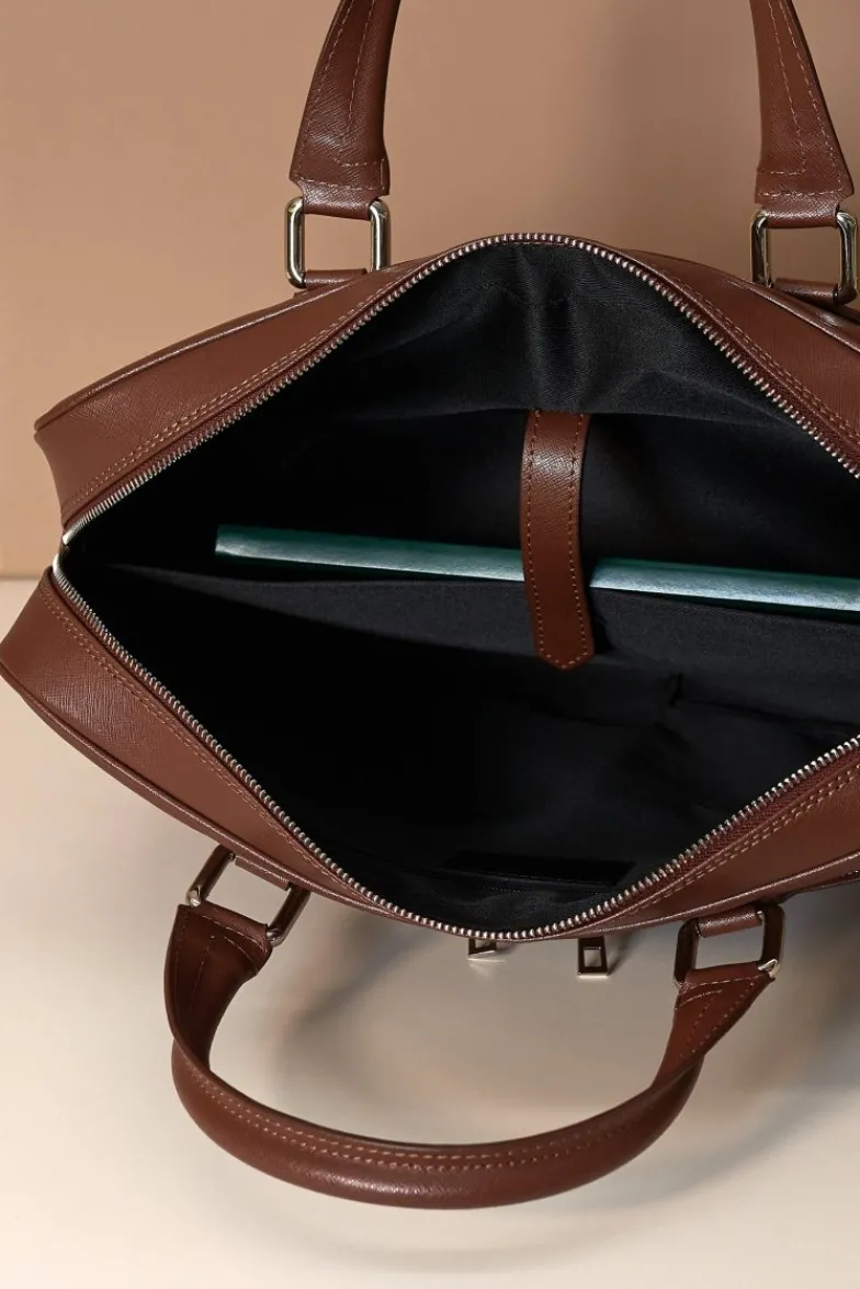 D'Arienzo Justin - Borsa Ventiquattrore in pelle di vitello marrone saffiano con doppia tasca