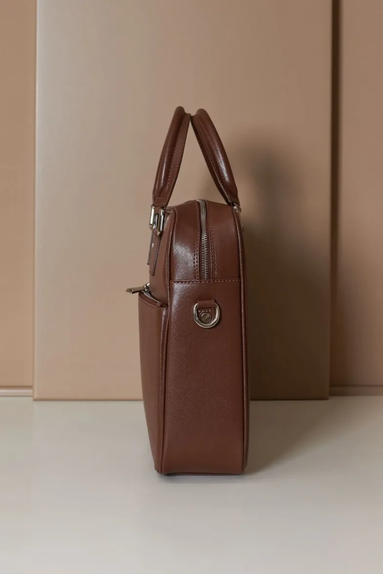 D'Arienzo Justin - Borsa Ventiquattrore in pelle di vitello marrone saffiano con doppia tasca