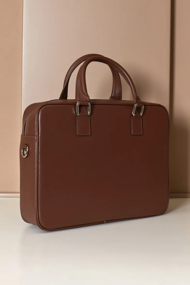 D'Arienzo Justin - Borsa Ventiquattrore in pelle di vitello marrone saffiano con doppia tasca