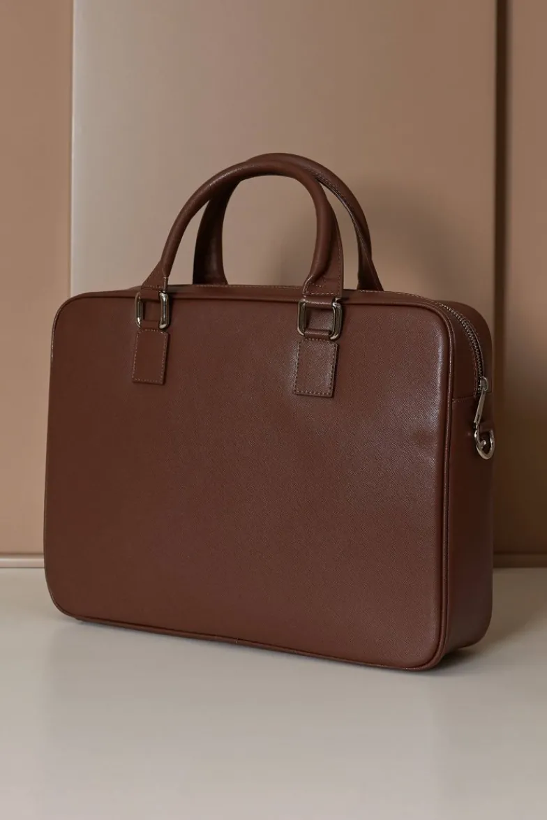D'Arienzo Justin - Borsa Ventiquattrore in pelle di vitello marrone saffiano con doppia tasca