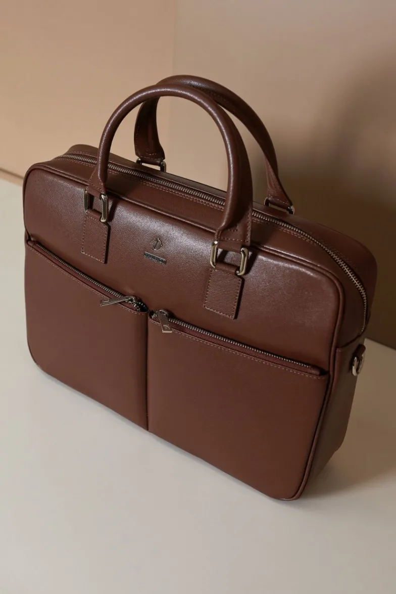 D'Arienzo Justin - Borsa Ventiquattrore in pelle di vitello marrone saffiano con doppia tasca
